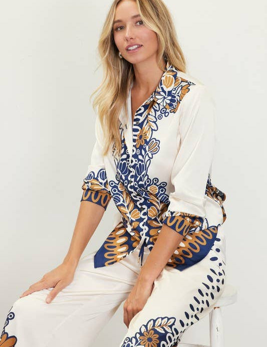 Printed Border-Print Long Sleeve Button-Down Blouse: Mustard-Navy / L