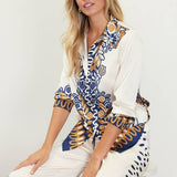 Printed Border-Print Long Sleeve Button-Down Blouse: Mustard-Navy / M