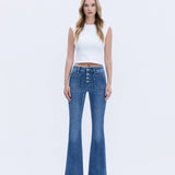 MID RISE BUTTON FLY TROUSER HEM FLARE JEANS T5848: GLEEFULLY / 28
