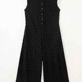 Half Buttons Sleeveless Wide Leg Textured Jumpsuit
