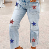 Patriotic Sequin Stars Patch Pocket Shift Jeans