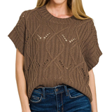 ,,,.0722 Cable Knit Short Sleeve Sweater SI-28167: DEEP CAMEL-184427 / L