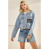 Classic Denim Jacket with Lace Floral Contrast: Med Wash / M
