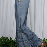 Flared Ruffle Hem Washed Chambray Crop Denim Pants VP83039: Washed Denim / L