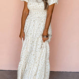 White Frilly Shirred Bodice Tiered Floral Maxi Dress: White / 100%Polyester / XL