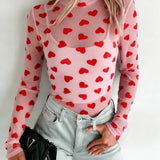Valentines Heart Printed Sheer Mesh Long Sleeve Top: Pink / M