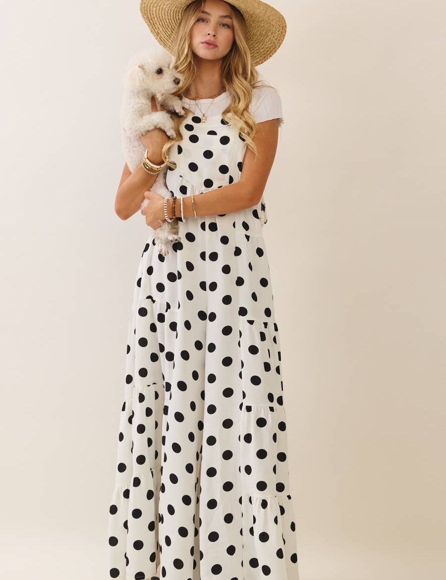 Polka Dot Sling Maxi Jumpsuit: Navy White / S
