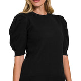 ,,..SI-25003 Viscose Puff Short Sleeve Sweater: H BEIGE-170996 / S