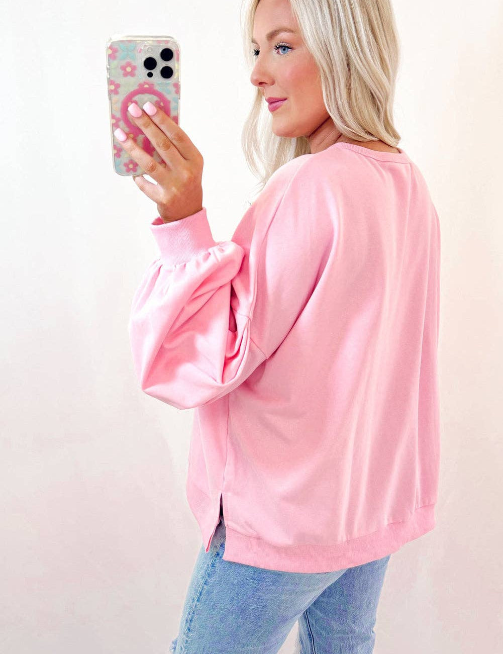 Embroidered Bow Lantern Sleeve Oversized Pullover Sweatshirt: Light Pink / 65%Polyester+35%Cotton / S