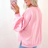 Embroidered Bow Lantern Sleeve Oversized Pullover Sweatshirt: Light Pink / 65%Polyester+35%Cotton / S