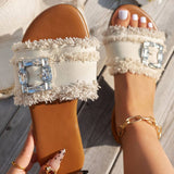 Frayed Wide Band Rhinestone Buckle Detail Slippers