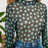 St Patrick Shamrock Mock Neck Long Sleeve Mesh Bodysuit: As shown / Missy / L