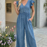 66 Ruffled Short Sleeve Wide Leg Denim Jumpsuit (S-XL)