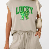 St Patricks Day Lucky Sequin Bow Two Piece Set: Black / 65%Polyester  30%Viscose   5%Elastane / L