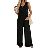 Spring Summer Casual Loose Strap Jumpsuit for Women: Black / 95% Polyester+5% Spandex / S