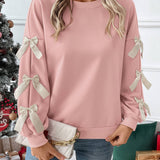 Crew Neck Pullover Top 3D Bowknot Trim Loose Sweatshirts: Red / 100%polyester / XL