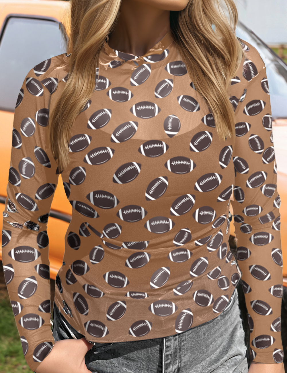 Fashion-W Game Day Rugby Mesh Sheer Long Sleeve Top: As shown / Missy / L