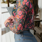 Spring Western Retro Floral Printed Mock Neck Mesh Top (S-4X: Multi-Colored / L