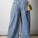 Stripe Button Pleated Drawstring Waist Casual Wide Leg Jeans: Blue / 10