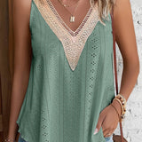 Multicolor Lace Crochet Splicing V Neck Loose Fit Tank Top: Mist Green / 95%Polyester+5%Elastane / S