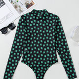 St Patrick Shamrock Mock Neck Long Sleeve Mesh Bodysuit: As shown / Missy / L