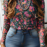 Spring Western Retro Floral Printed Mock Neck Mesh Top (S-4X: Multi-Colored / L