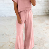 Solid Color Loose Tee Drawstring Wide Leg Pants 2pcs Outfit: Clearly Aqua / L