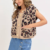 LEOPARD PRINT KNIT BUTTON-UP SWEATER TOP: TAUPE / Contemporary / L