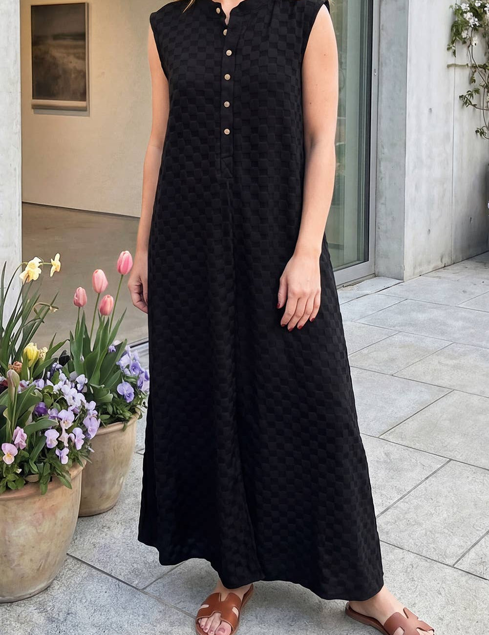 Half Buttons Sleeveless Wide Leg Textured Jumpsuit
