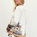 Printed Border-Print Long Sleeve Button-Down Blouse: Mustard-Navy / L