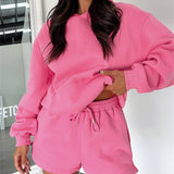 Basic pocket hoodie &  drawstring short set outfits