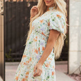 Beige Floral Print Shirred High Waist Puff Sleeve Mini Dress: Beige XL