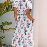 White Floral Puff Short Sleeve V Neck High Waist L
