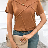 Solid Color Cross Stitch Detail Short Sleeve Casual Top: Orange / M