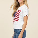 AMERICAN FLAG GRAPHIC KNITTED SWEATER TOP - 7254WS: White / M