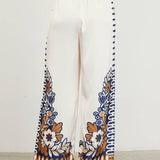 Floral Border Satin Pants: Mustard-Navy / XS