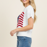 AMERICAN FLAG GRAPHIC KNITTED SWEATER TOP - 7254WS: White / L