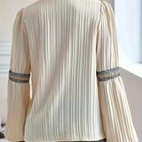 Balloon Sleeve Lace Panel V-Neck Shirt: OffWhite / M