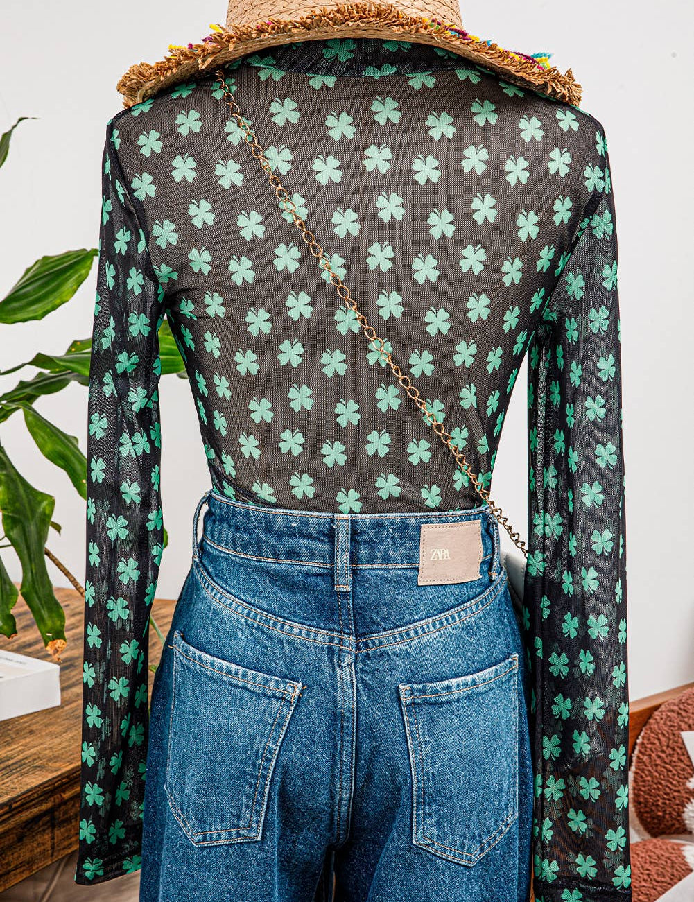 St Patrick Shamrock Mock Neck Long Sleeve Mesh Bodysuit: As shown / Missy / L