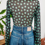 St Patrick Shamrock Mock Neck Long Sleeve Mesh Bodysuit: As shown / Missy / L