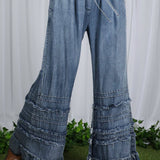 Flared Ruffle Hem Washed Chambray Crop Denim Pants VP83039: Washed Denim / L