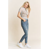 MESH LACE HIGH NECK DESIGN SHORT SLEEVE FITTED TOP: Black