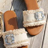 Frayed Wide Band Rhinestone Buckle Detail Slippers