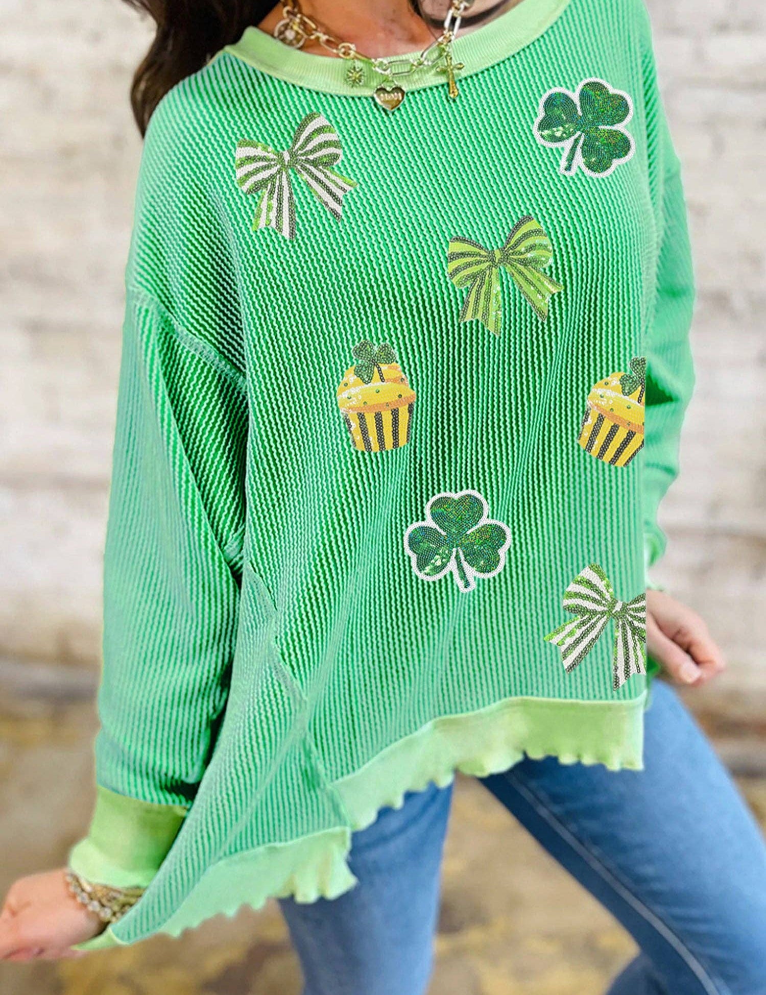 Bright Green Twisted Rib St Patricks Day Sequin Patch Graphic Long Sleeve Top: Bright Green / 75%Polyester+20%Viscose+5%Elastane / S