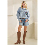 Classic Denim Jacket with Lace Floral Contrast: Med Wash / M