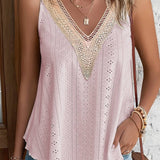 Multicolor Lace Crochet Splicing V Neck Loose Fit Tank Top: Mist Green / 95%Polyester+5%Elastane / S