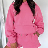 Basic pocket hoodie &  drawstring short set outfits