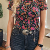 Spring Western Retro Floral Printed Mock Neck Mesh Top (S-4X: Multi-Colored / 2X