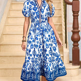 White Floral Puff Short Sleeve V Neck High Waist L
