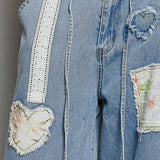 Waist Elastic Band Heart Floral Print Patch Wide Denim Pants: DENIM / M